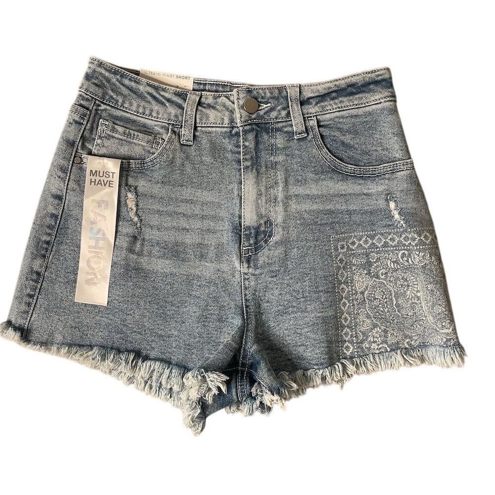 TinselTown Women's Ultra-High-Waist Bandana Print Denim Shorts Size 9 Blue